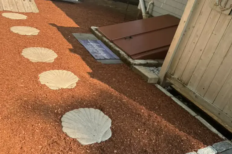 Shell shaped stepping stones set into fresh mulch